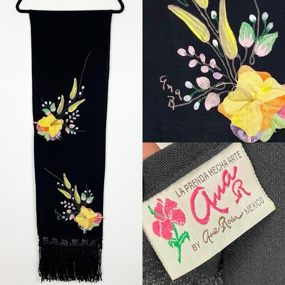 Vintage Ana Rosa Signed Scarf Mexico Art Hand Painted Crafted Fringe Shawl Black - Picture 1 of 6
